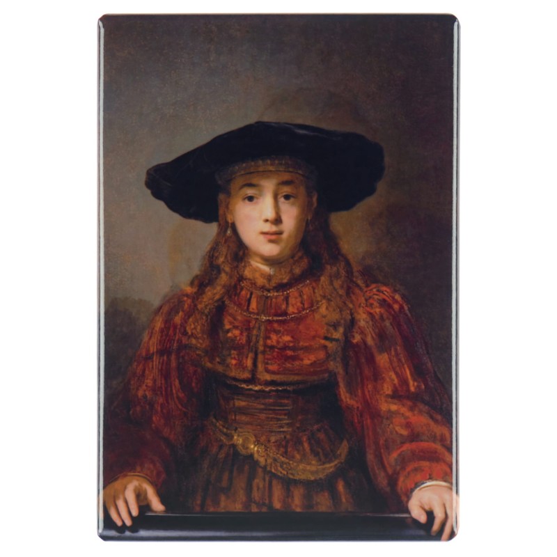 Magnes z fragmentem obrazu „Dziewczyna w ramie obrazu” Rembrandta van Rijna. Produkt dostępny w sklepie internetowym Zamku Królewskiego w Warszawie.